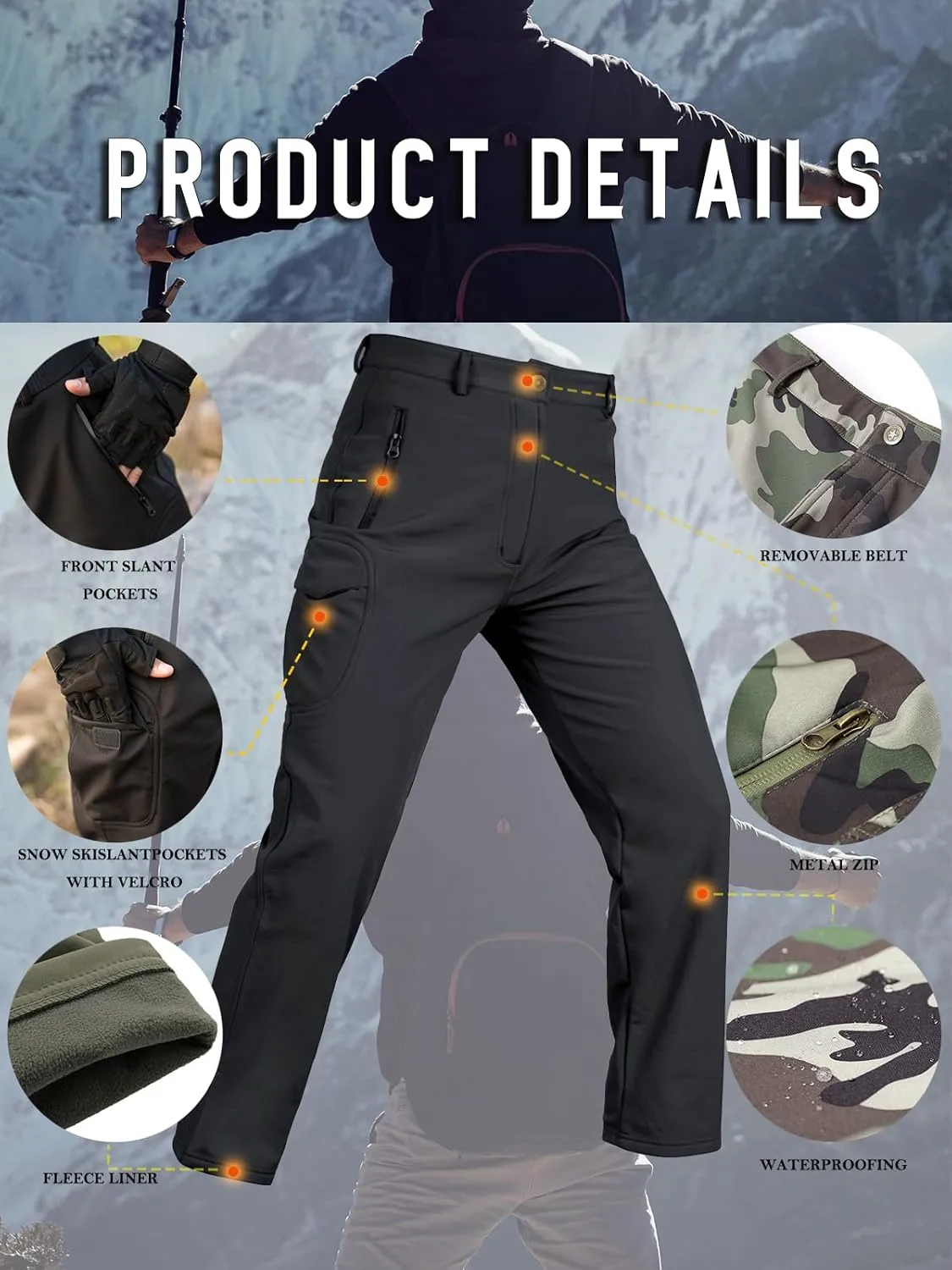 Men's Tactical Camo Pants Cargo Work Pants Water Resistant Thermal Ourdoor Hiking Pants