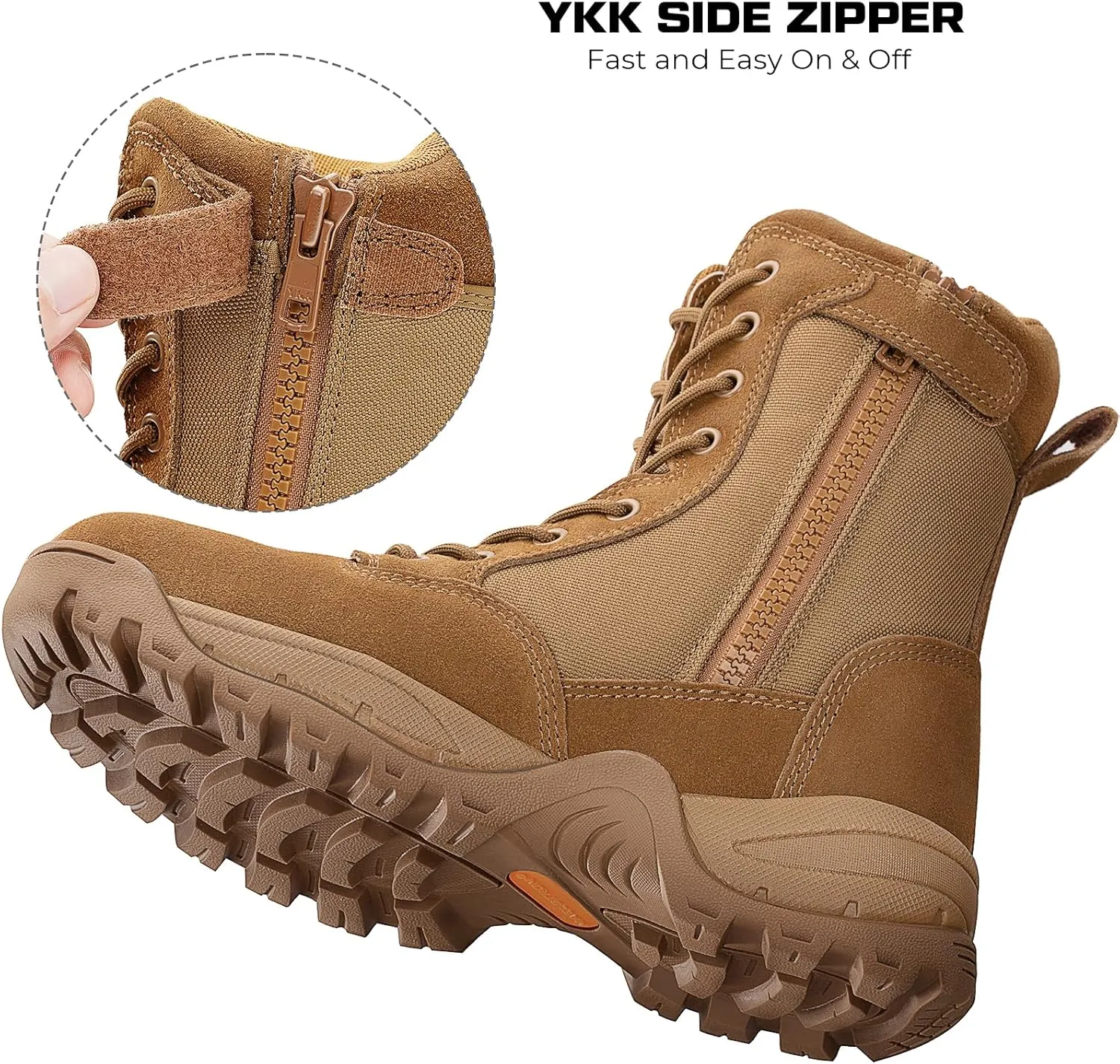 Men's Tactical Work Boots with Side Zipper – Lightweight Leather Military Style, Comfortable, Durable and Breathable for Outdoors