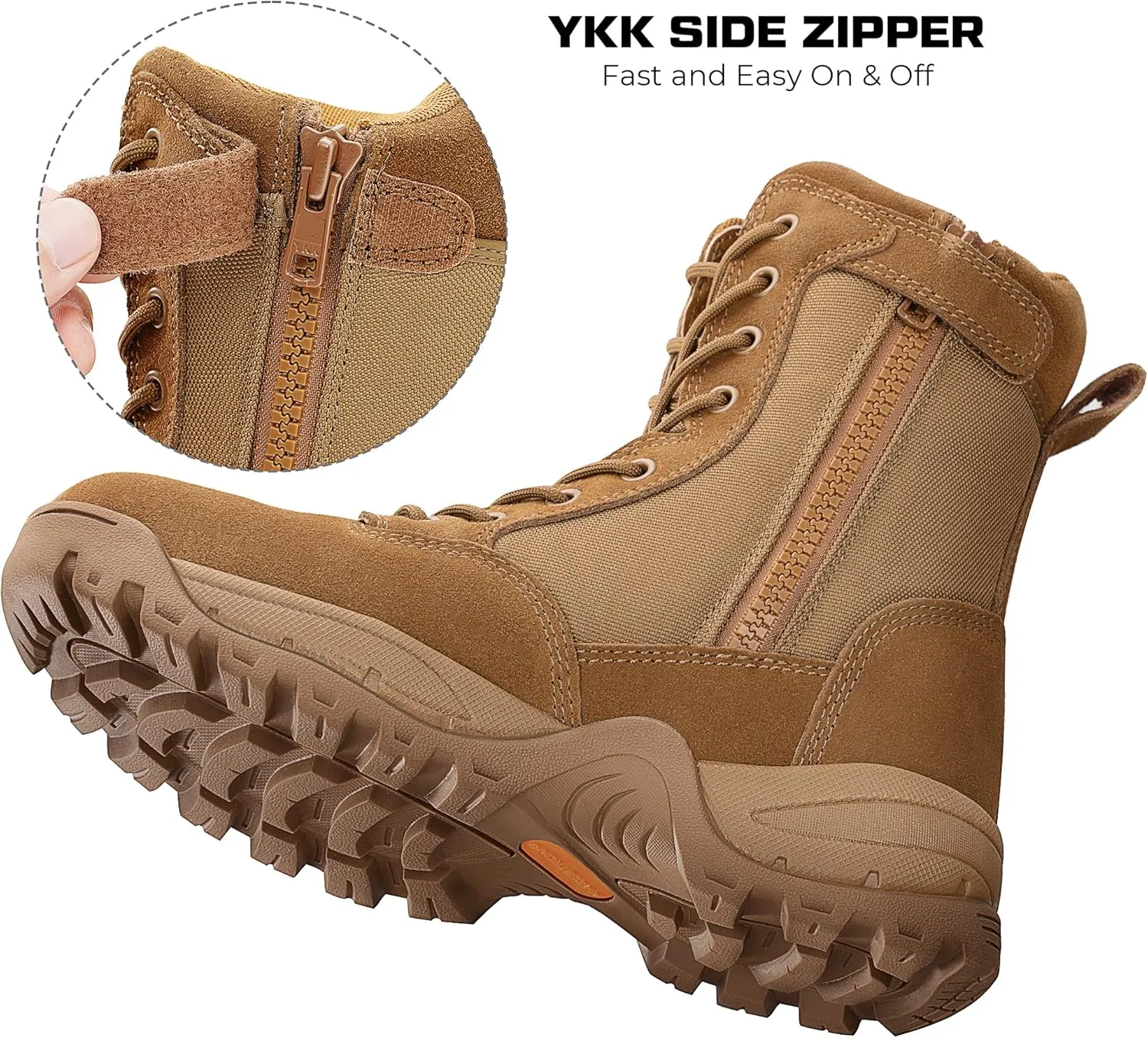 Men's Tactical Work Boots with Side Zipper – Lightweight Leather Military Style, Comfortable, Durable and Breathable for Outdoors