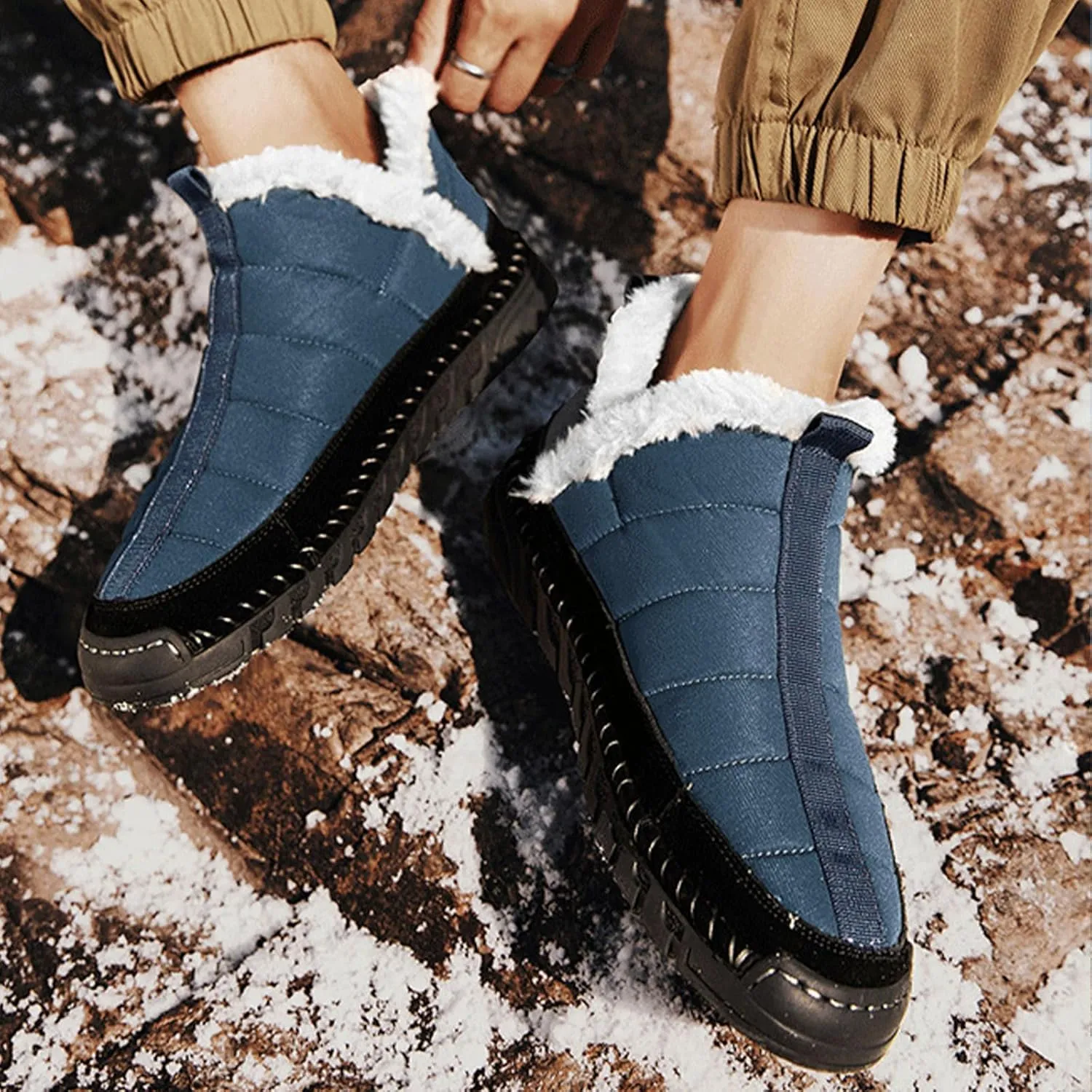 Mens Waterproof Warm Slip-on Snow Boots Hand Stitched Fur Lined Outdoor Lightweight Non-Slip Hiking Boot Winter Casual Ankle Boots