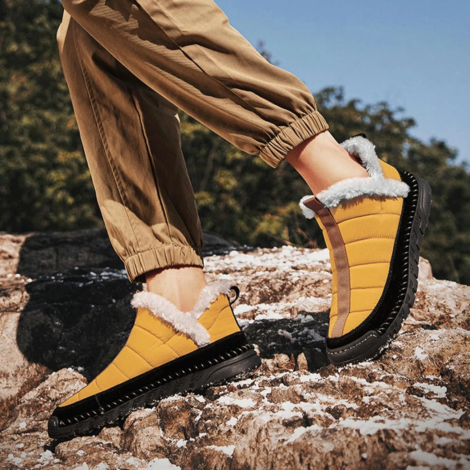 Mens Waterproof Warm Slip-on Snow Boots Hand Stitched Fur Lined Outdoor Lightweight Non-Slip Hiking Boot Winter Casual Ankle Boots