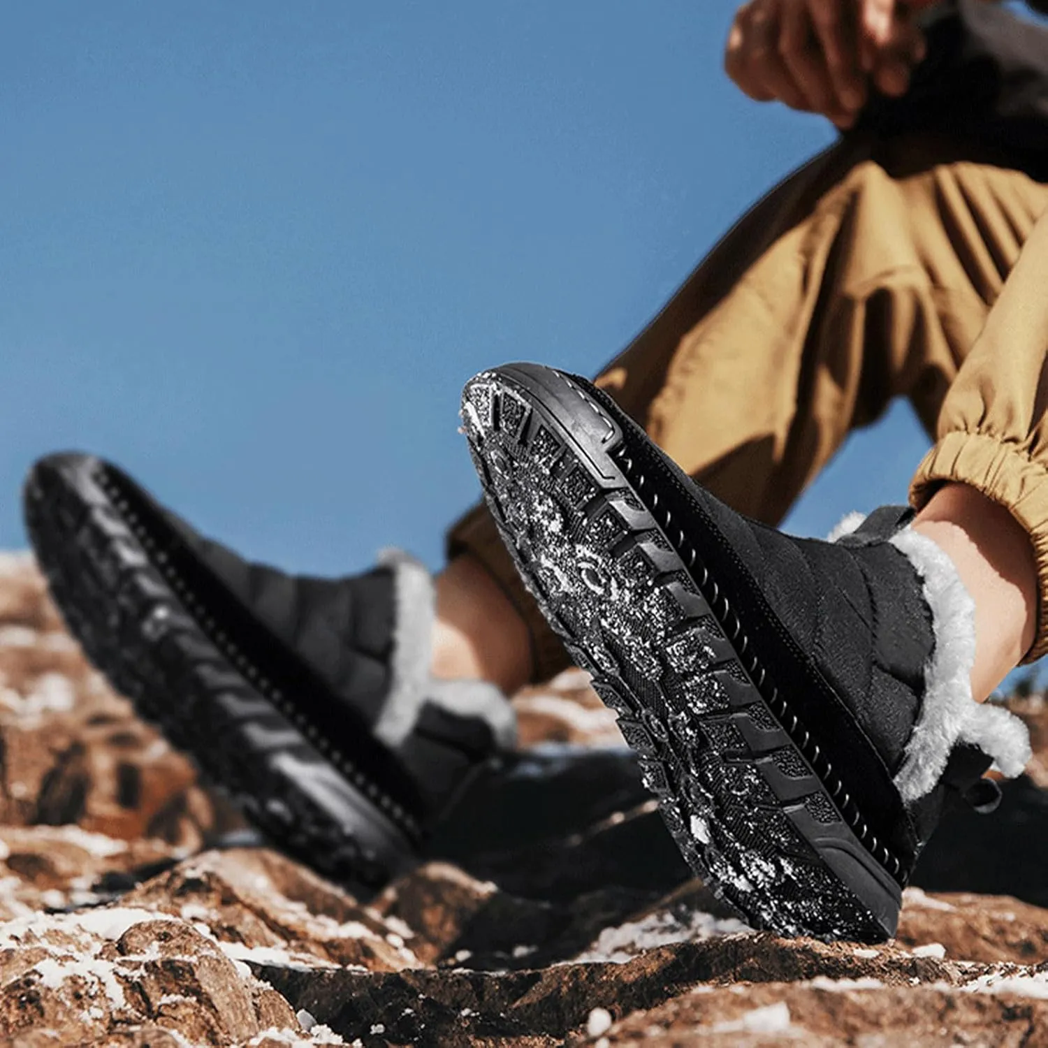 Mens Waterproof Warm Slip-on Snow Boots Hand Stitched Fur Lined Outdoor Lightweight Non-Slip Hiking Boot Winter Casual Ankle Boots