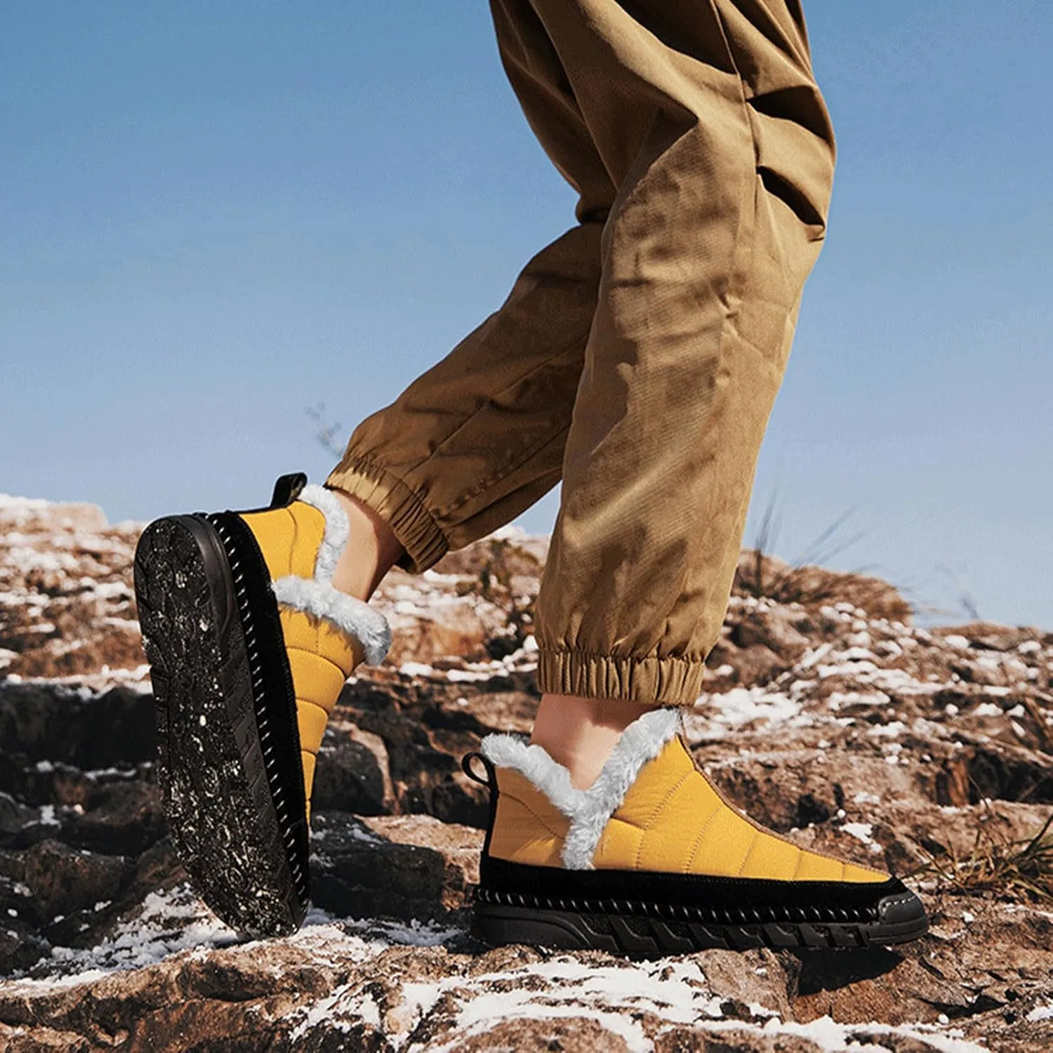 Mens Waterproof Warm Slip-on Snow Boots Hand Stitched Fur Lined Outdoor Lightweight Non-Slip Hiking Boot Winter Casual Ankle Boots