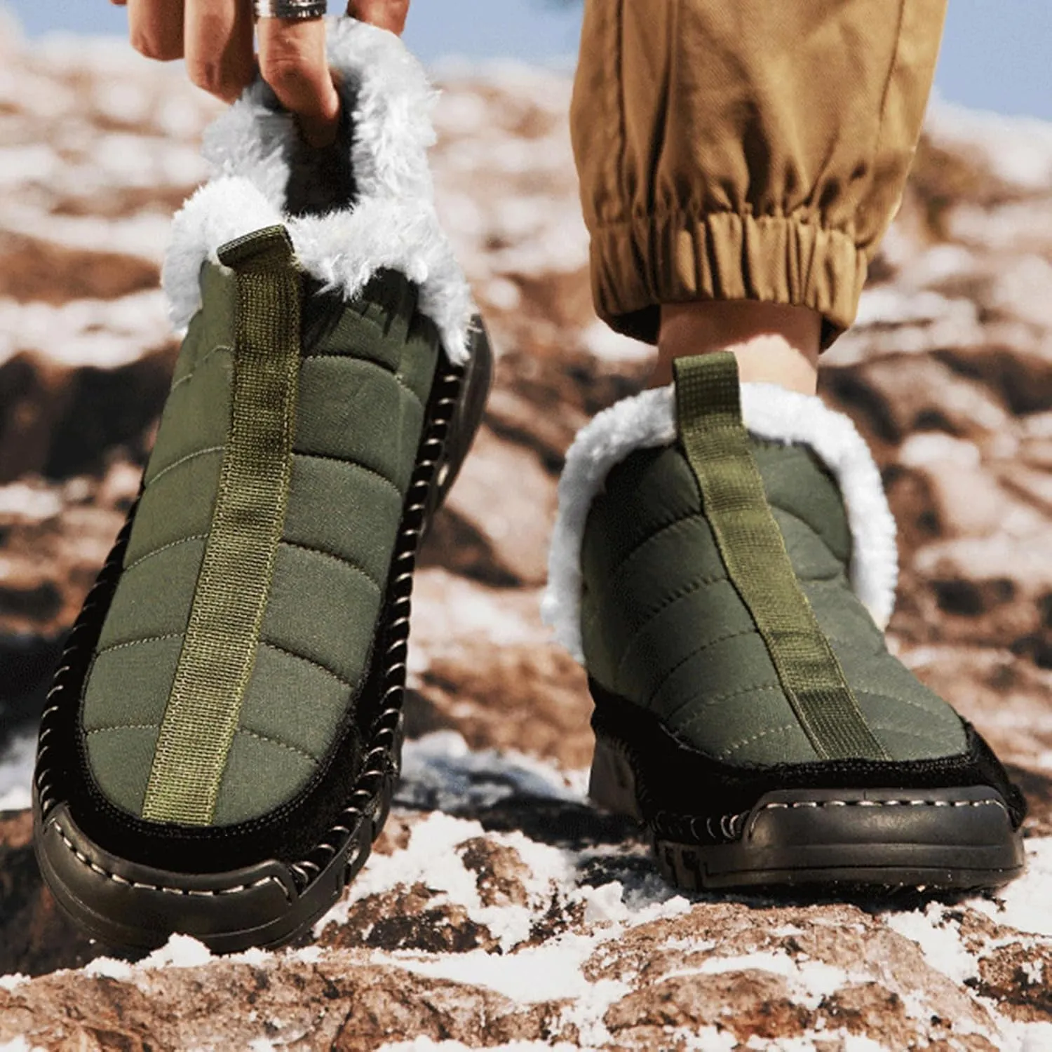 Mens Waterproof Warm Slip-on Snow Boots Hand Stitched Fur Lined Outdoor Lightweight Non-Slip Hiking Boot Winter Casual Ankle Boots