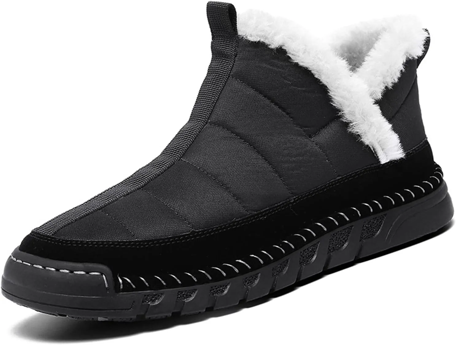 Mens Waterproof Warm Slip-on Snow Boots Hand Stitched Fur Lined Outdoor Lightweight Non-Slip Hiking Boot Winter Casual Ankle Boots