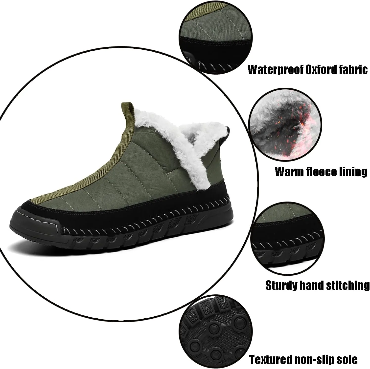 Mens Waterproof Warm Slip-on Snow Boots Hand Stitched Fur Lined Outdoor Lightweight Non-Slip Hiking Boot Winter Casual Ankle Boots