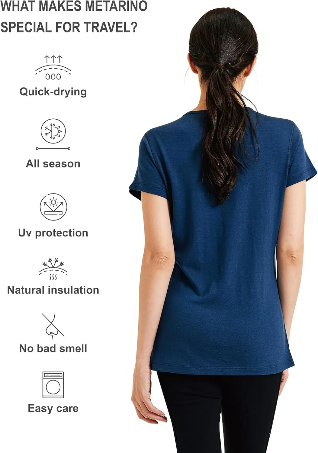 METARINO 100% Merino Wool T-Shirt Women,Short Sleeve Lightweight Crew Neck Base Layer Tee Shirt for Travel,Hiking