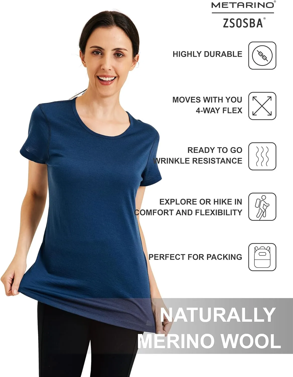 METARINO 100% Merino Wool T-Shirt Women,Short Sleeve Lightweight Crew Neck Base Layer Tee Shirt for Travel,Hiking