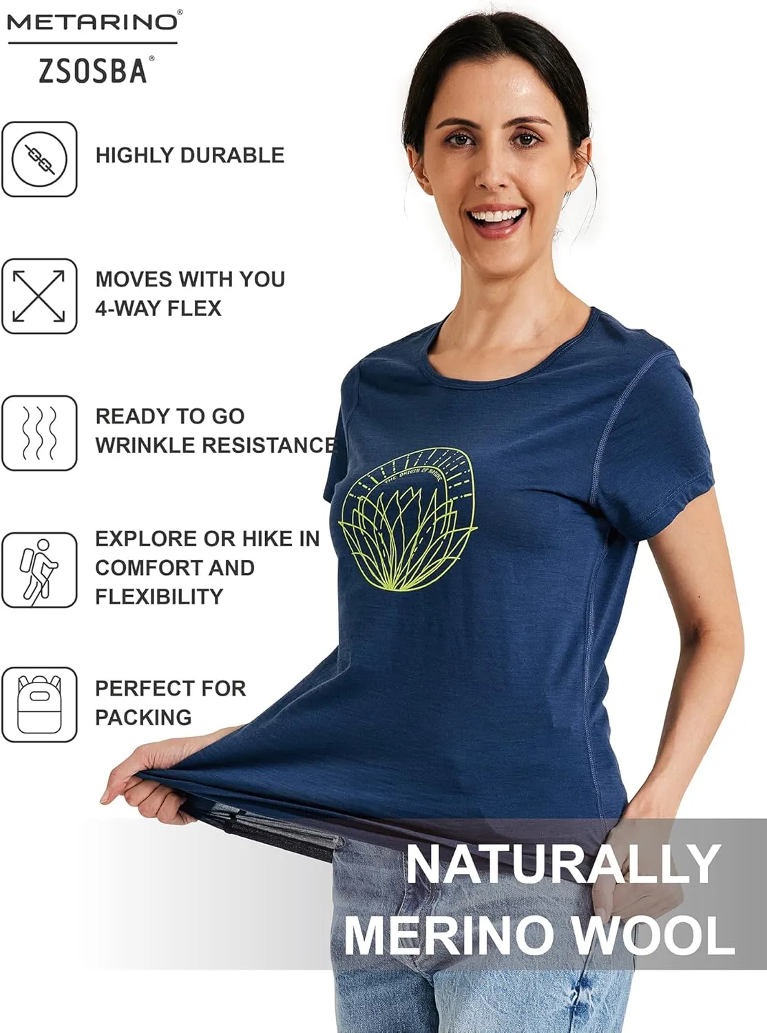 METARINO Merino Wool T-Shirt Women Short Sleeve Lightweight Crew Neck Base Layer Tee Shirt for Hiking,Sport