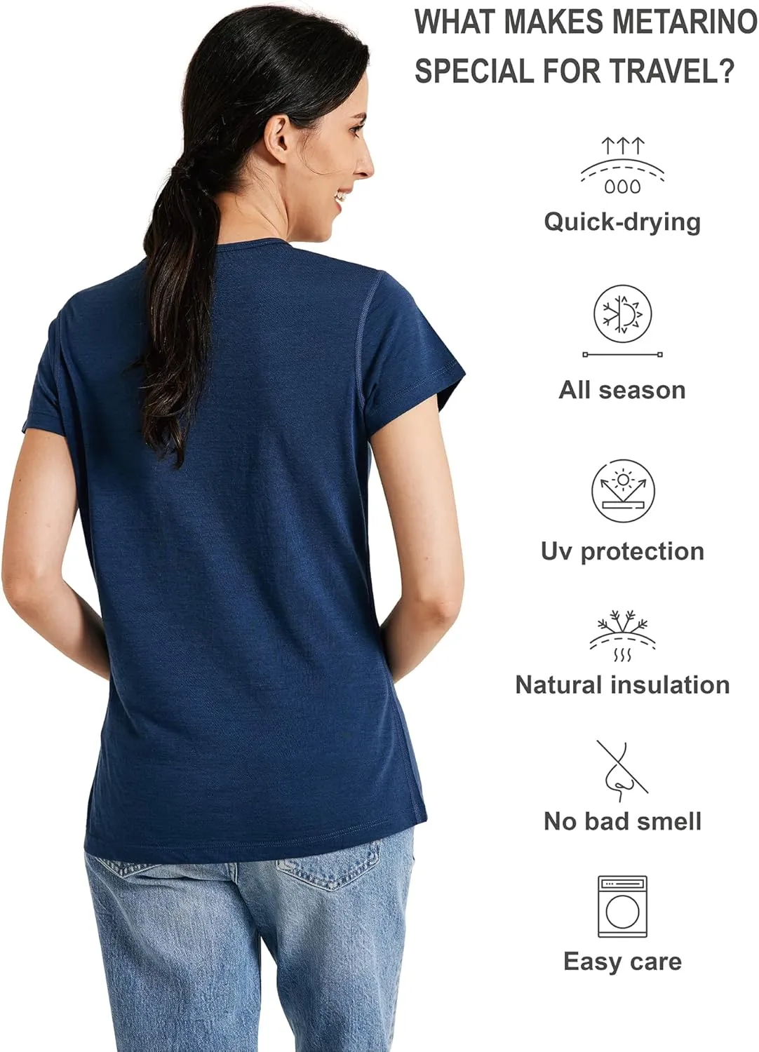 METARINO Merino Wool T-Shirt Women Short Sleeve Lightweight Crew Neck Base Layer Tee Shirt for Hiking,Sport