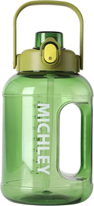 MICHLEY Half Gallon Water Bottle with Straw,Times Marker 64oz Water Bottles Motivational Water Jug Large Size Sports Drinking Cup for Travel Gym Cycling (Green)