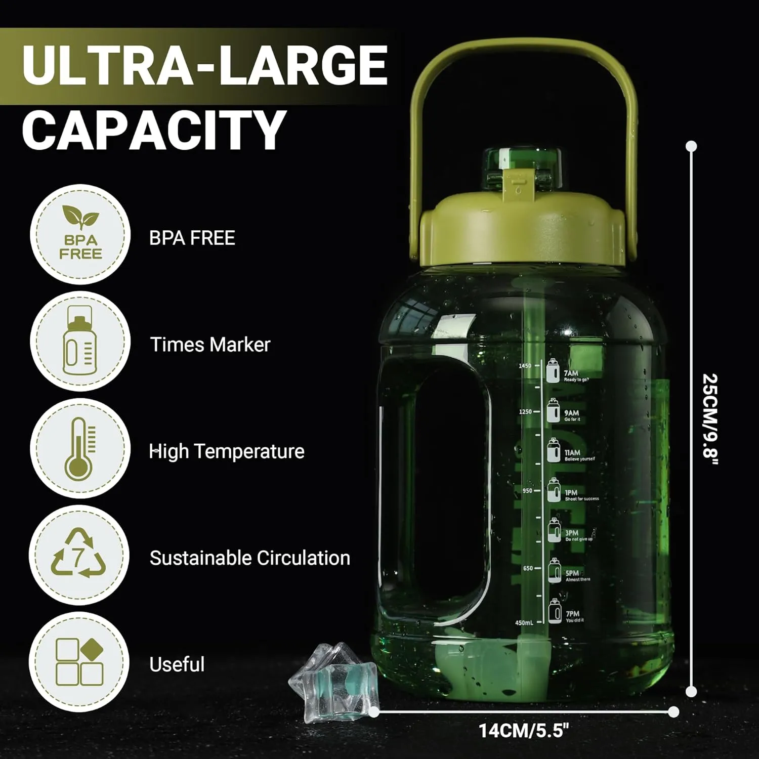 MICHLEY Half Gallon Water Bottle with Straw,Times Marker 64oz Water Bottles Motivational Water Jug Large Size Sports Drinking Cup for Travel Gym Cycling (Green)