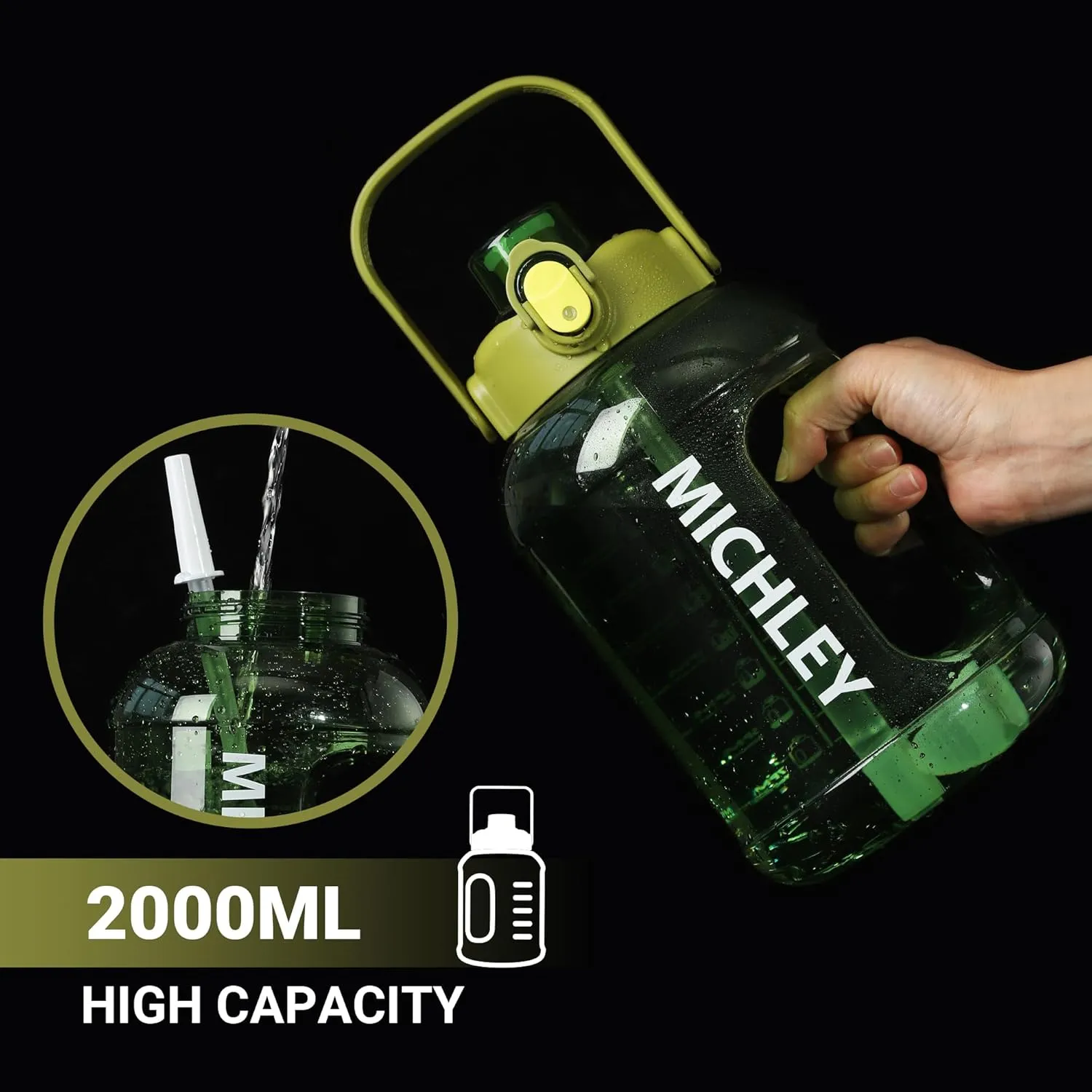 MICHLEY Half Gallon Water Bottle with Straw,Times Marker 64oz Water Bottles Motivational Water Jug Large Size Sports Drinking Cup for Travel Gym Cycling (Green)