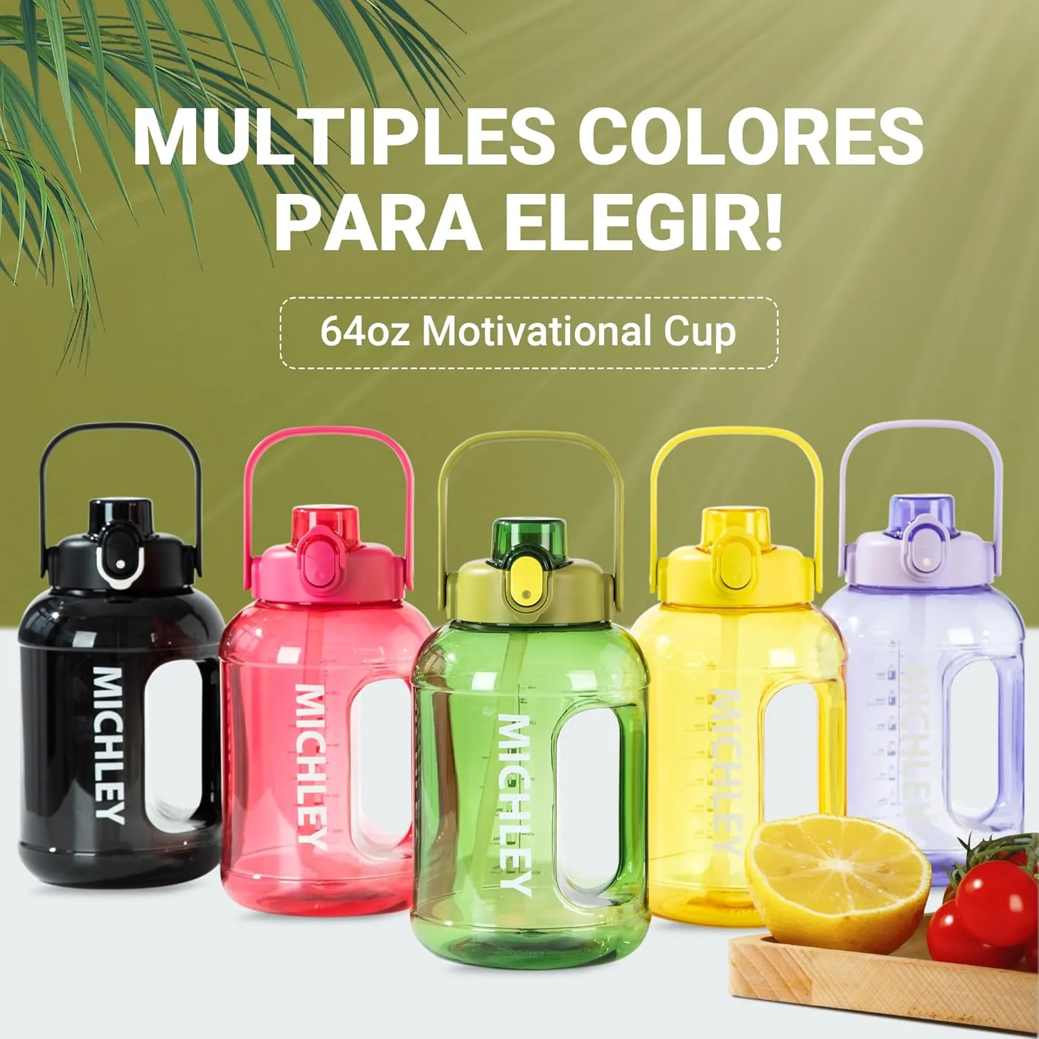MICHLEY Half Gallon Water Bottle with Straw,Times Marker 64oz Water Bottles Motivational Water Jug Large Size Sports Drinking Cup for Travel Gym Cycling (Green)