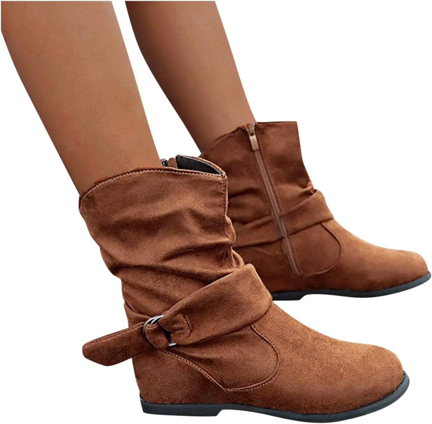 Mid Calf Boots for Women Low Heel Suede Leather Casual Slip on Comfort Fall Winter Short Boots Black Side Zip Classic Ladies Boots Women Booties