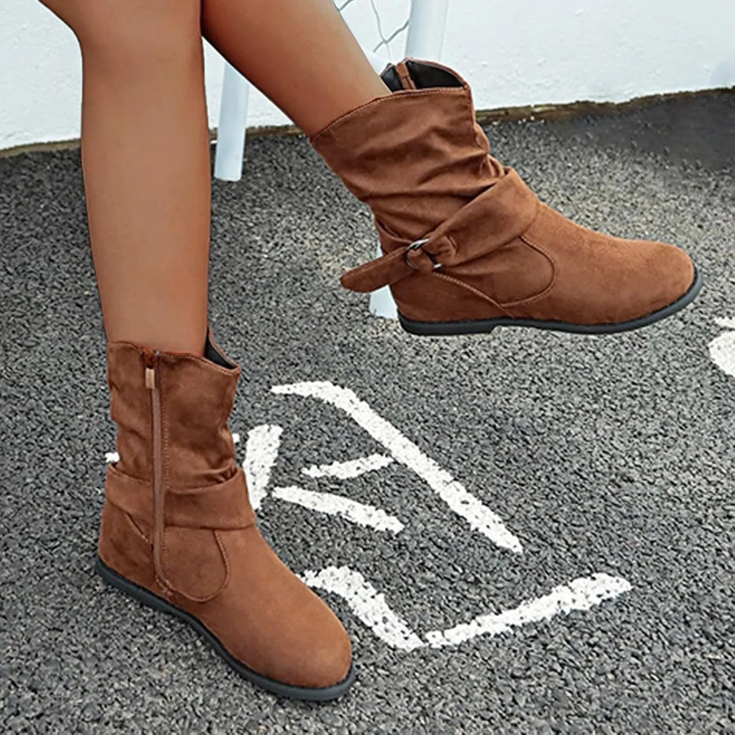 Mid Calf Boots for Women Low Heel Suede Leather Casual Slip on Comfort Fall Winter Short Boots Black Side Zip Classic Ladies Boots Women Booties