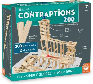 MindWare KEVA Contraptions, Wooden Blocks Building Set, Marble Run Kit, Includes 2 Balls - 200 Planks