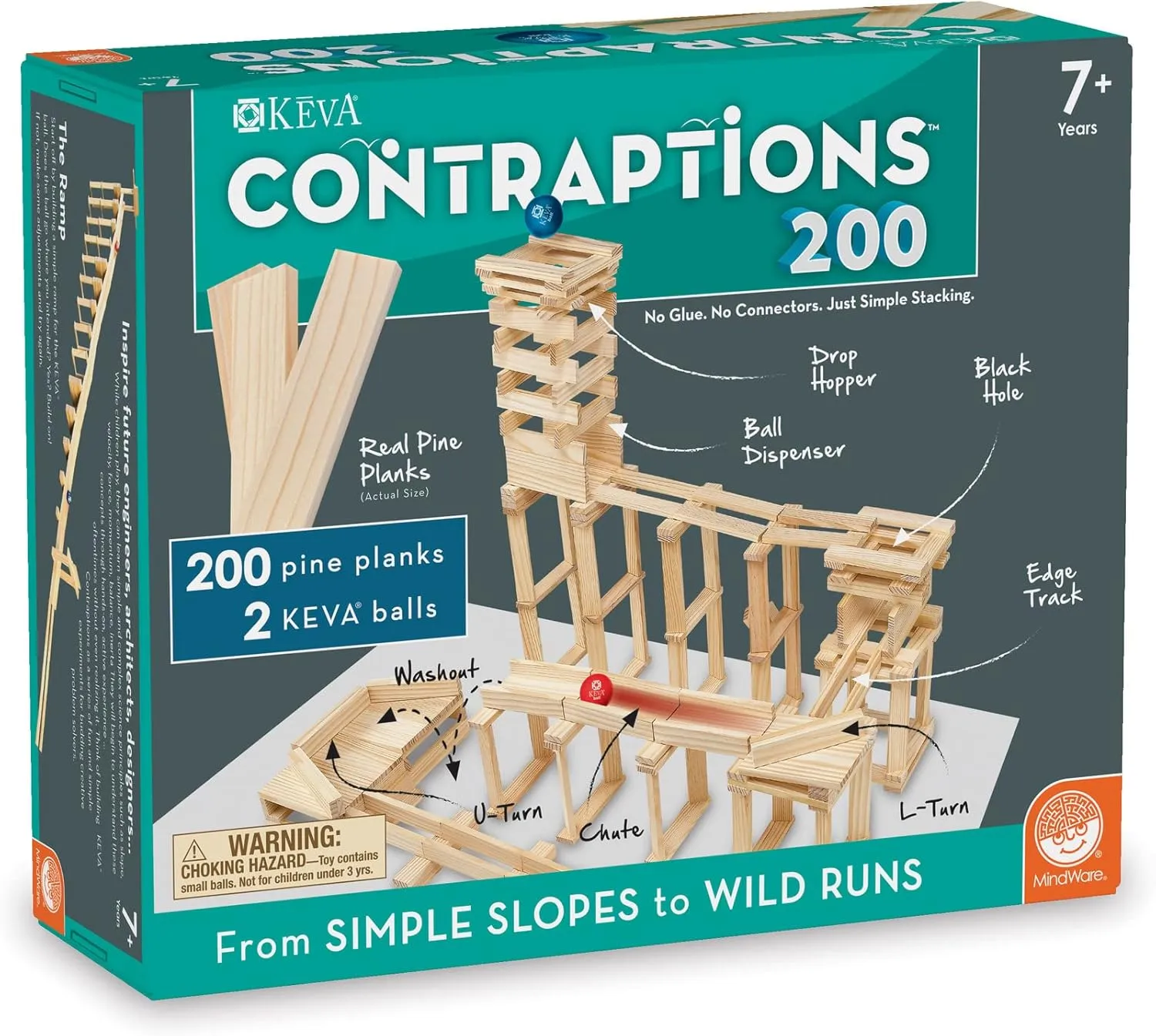 MindWare KEVA Contraptions, Wooden Blocks Building Set, Marble Run Kit, Includes 2 Balls - 200 Planks