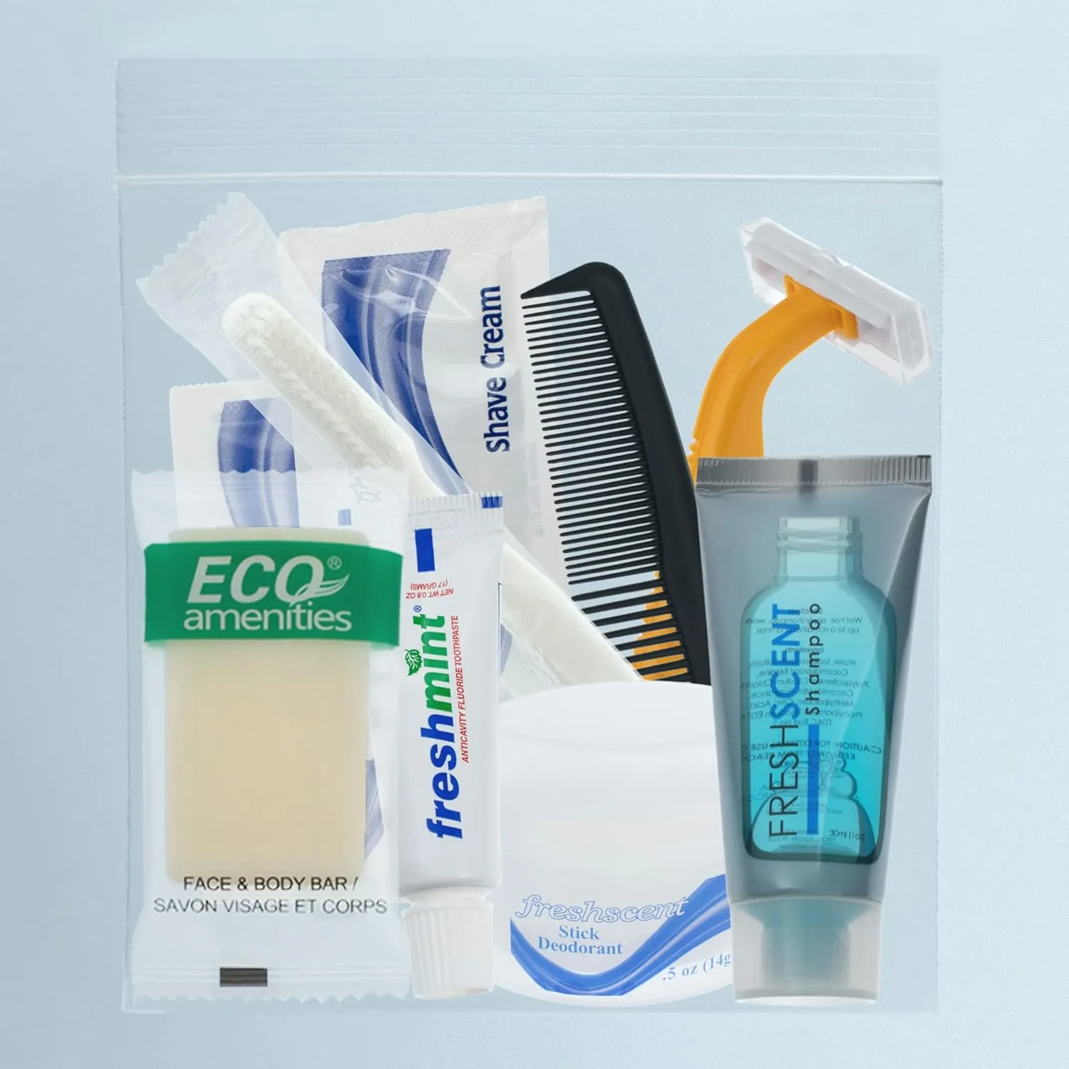 Moda West 24 Kits - Bulk Case of Wholesale Basic Toiletry Kits for Men, Women, Travel, Charity In Pouch With See Thru Window