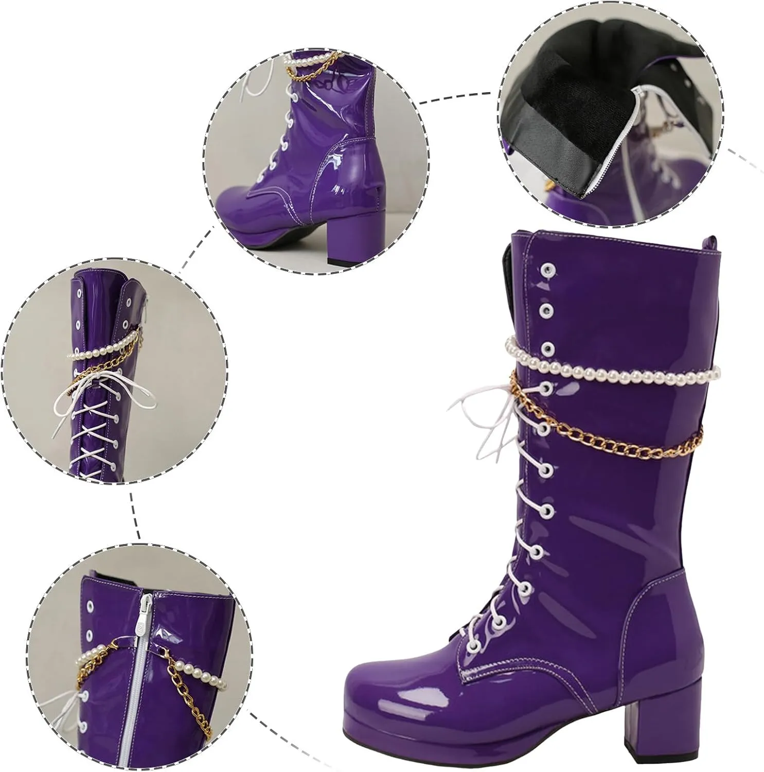 Modern Fashion Riding Boots for Women,Lace Up Side Zipper Gogo Boots Chunky Heel Platform Round Toe Combat Boots with Stylish Gold Metal Chain Pearl Chain for Women Fashion Party