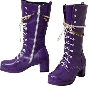 Modern Fashion Riding Boots for Women,Lace Up Side Zipper Gogo Boots Chunky Heel Platform Round Toe Combat Boots with Stylish Gold Metal Chain Pearl Chain for Women Fashion Party