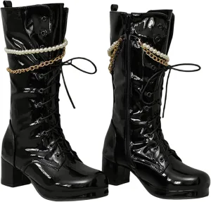 Modern Fashion Riding Boots for Women,Lace Up Side Zipper Gogo Boots Chunky Heel Platform Round Toe Combat Boots with Stylish Gold Metal Chain Pearl Chain for Women Fashion Party