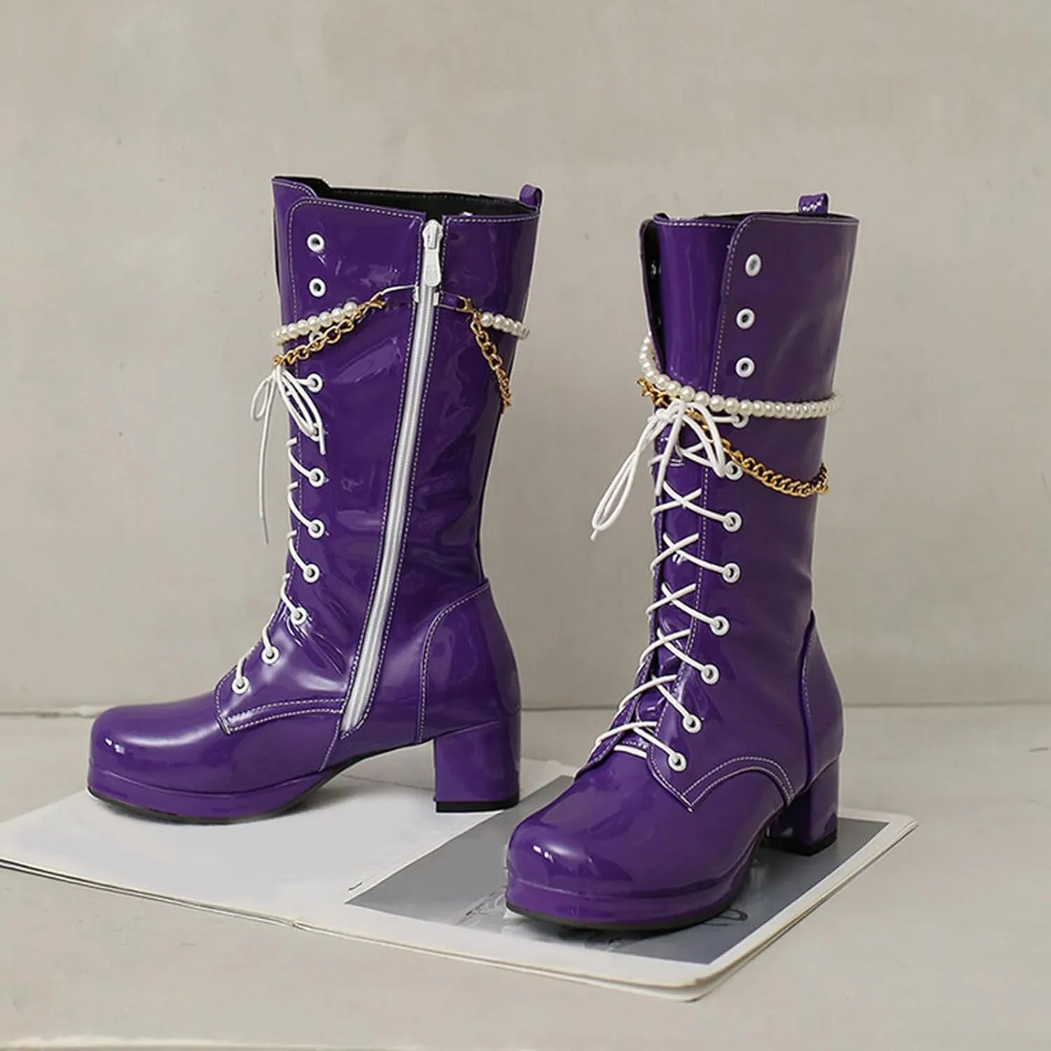 Modern Fashion Riding Boots for Women,Lace Up Side Zipper Gogo Boots Chunky Heel Platform Round Toe Combat Boots with Stylish Gold Metal Chain Pearl Chain for Women Fashion Party