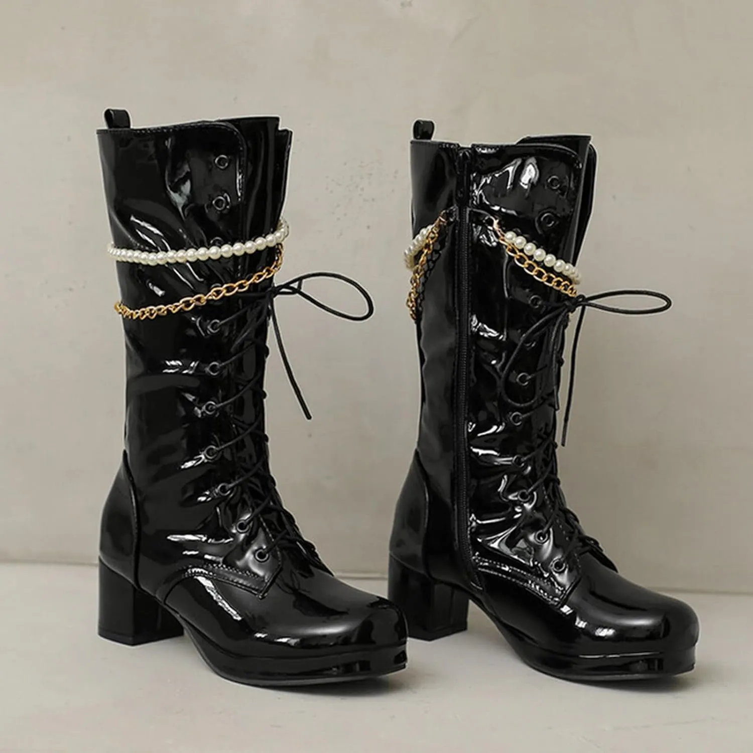 Modern Fashion Riding Boots for Women,Lace Up Side Zipper Gogo Boots Chunky Heel Platform Round Toe Combat Boots with Stylish Gold Metal Chain Pearl Chain for Women Fashion Party