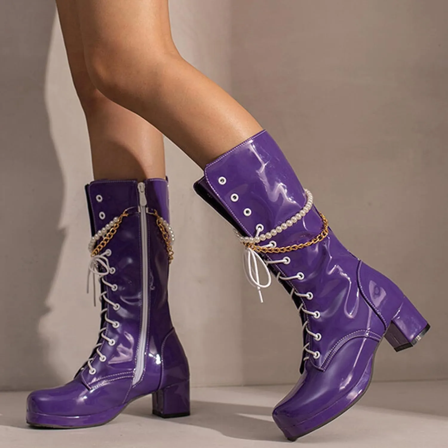 Modern Fashion Riding Boots for Women,Lace Up Side Zipper Gogo Boots Chunky Heel Platform Round Toe Combat Boots with Stylish Gold Metal Chain Pearl Chain for Women Fashion Party