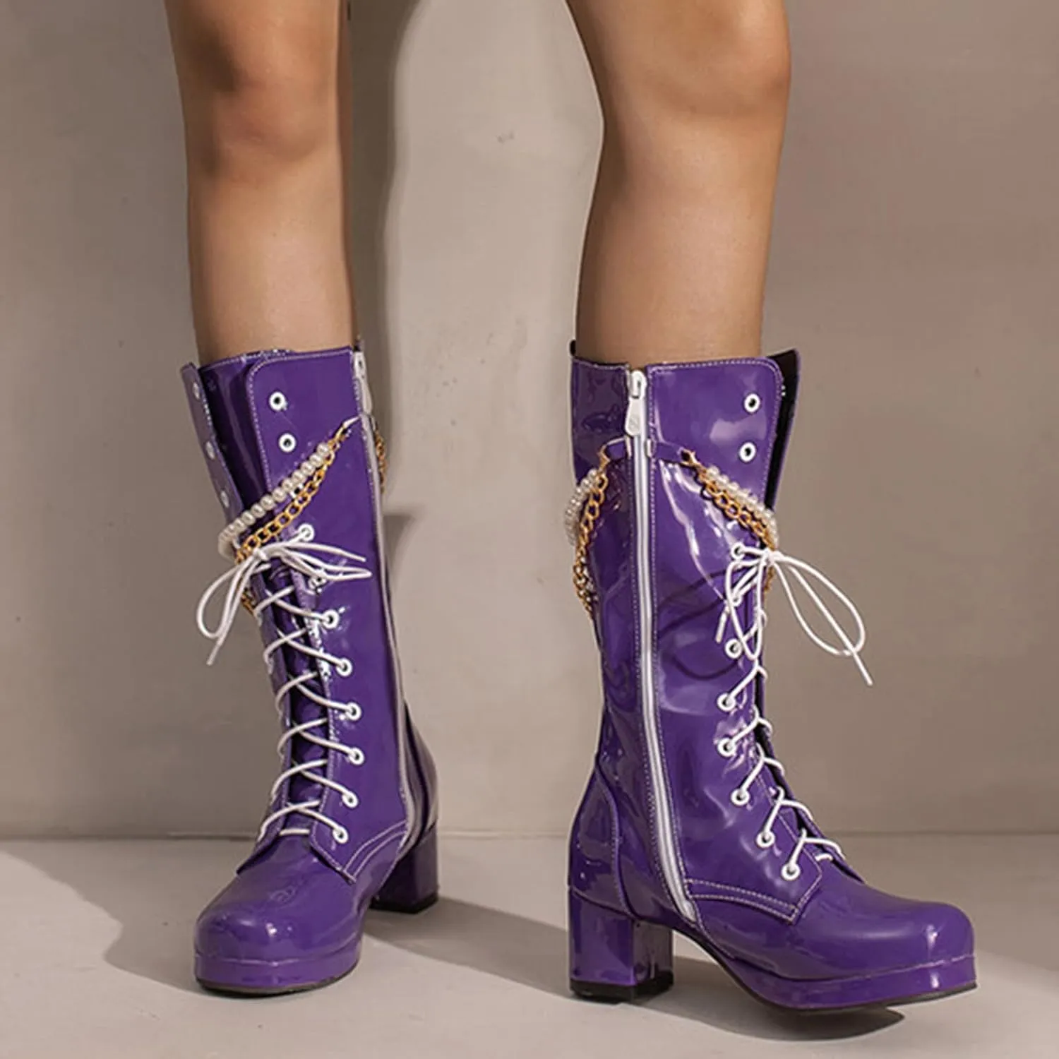 Modern Fashion Riding Boots for Women,Lace Up Side Zipper Gogo Boots Chunky Heel Platform Round Toe Combat Boots with Stylish Gold Metal Chain Pearl Chain for Women Fashion Party