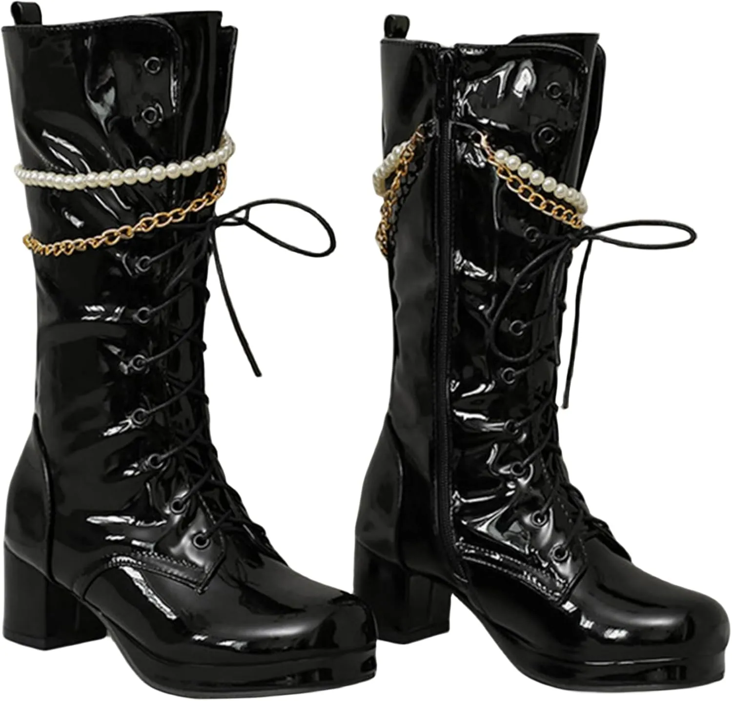 Modern Fashion Riding Boots for Women,Lace Up Side Zipper Gogo Boots Chunky Heel Platform Round Toe Combat Boots with Stylish Gold Metal Chain Pearl Chain for Women Fashion Party