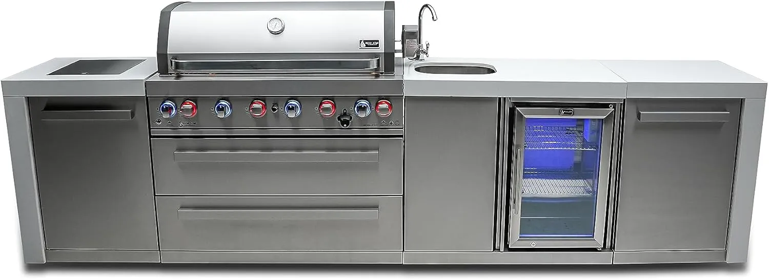 Mont Alpi MAi805-DBEV 6-Burner 115000 BTU 44-inch Deluxe Stainless Steel Island Outdoor Kitchen Gas Grill   Beverage Center Faucet and Sink   Granite Countertops   Storage Drawers and Cabinets