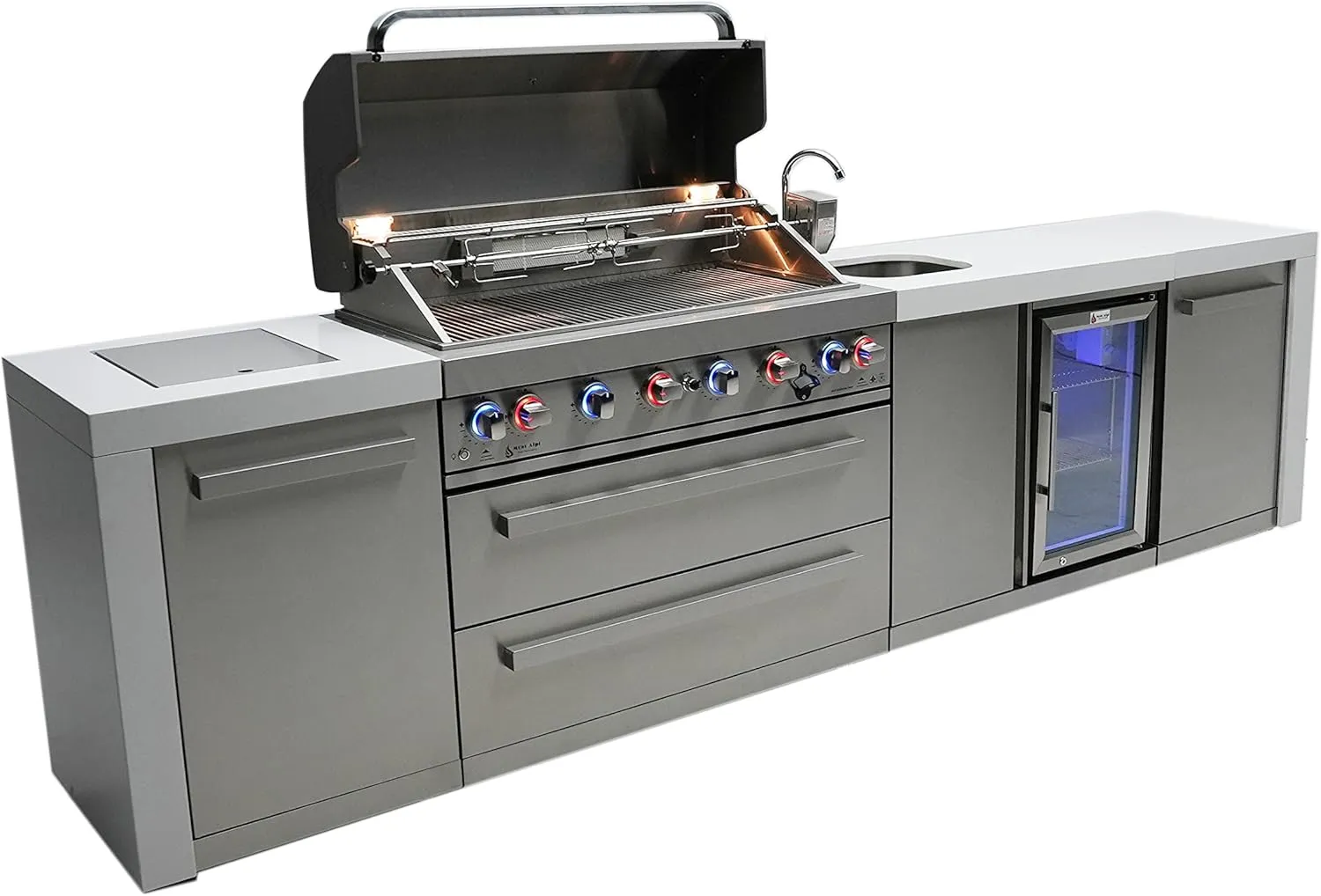 Mont Alpi MAi805-DBEV 6-Burner 115000 BTU 44-inch Deluxe Stainless Steel Island Outdoor Kitchen Gas Grill   Beverage Center Faucet and Sink   Granite Countertops   Storage Drawers and Cabinets