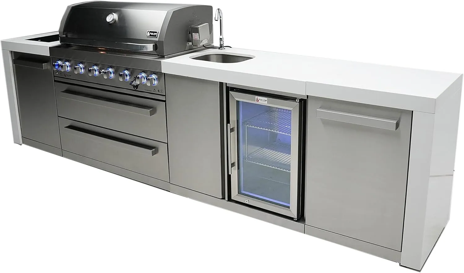 Mont Alpi MAi805-DBEV 6-Burner 115000 BTU 44-inch Deluxe Stainless Steel Island Outdoor Kitchen Gas Grill   Beverage Center Faucet and Sink   Granite Countertops   Storage Drawers and Cabinets