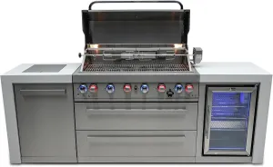Mont Alpi MAi805- DFC 6 Burner 44-inch Stainless Steel Deluxe Modular Outdoor Kitchen Island BBQ Grill with Fridge Cabinet   Side Burner   Granite Countertops & Sides   Rotisserie and Grill Cover