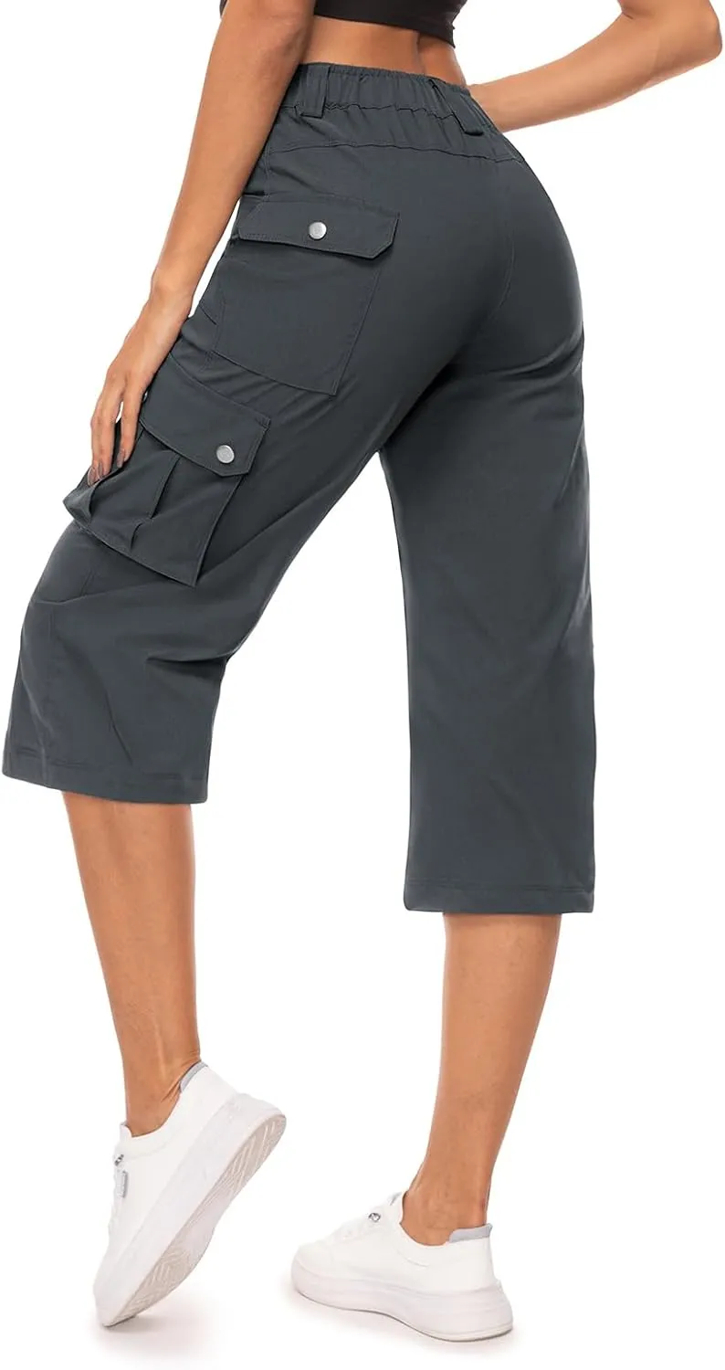 Moosehill Women's-Cargo-Capris-Pants High Waist Waterproof Hiking Casual Travel Summer Pants for Women with 6 Pockets