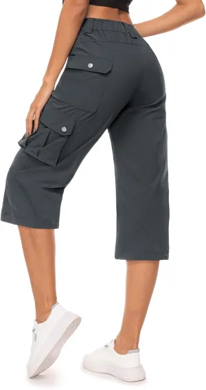 Moosehill Women's-Cargo-Capris-Pants High Waist Waterproof Hiking Casual Travel Summer Pants for Women with 6 Pockets