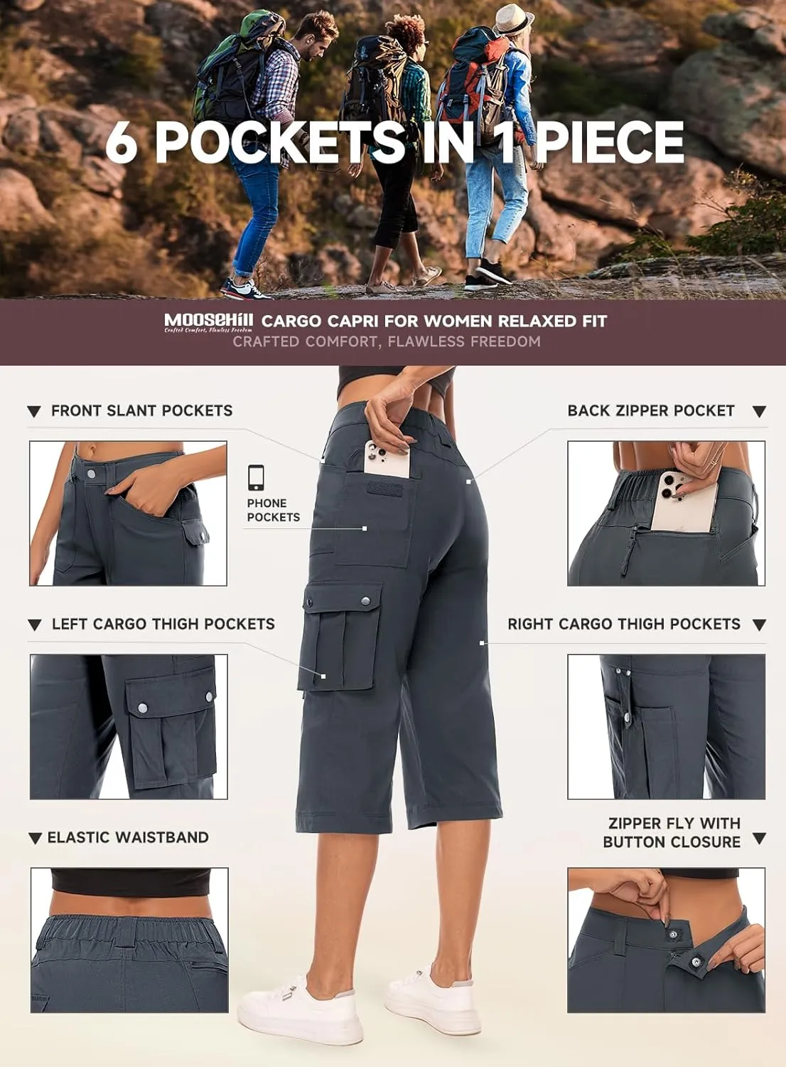 Moosehill Women's-Cargo-Capris-Pants High Waist Waterproof Hiking Casual Travel Summer Pants for Women with 6 Pockets