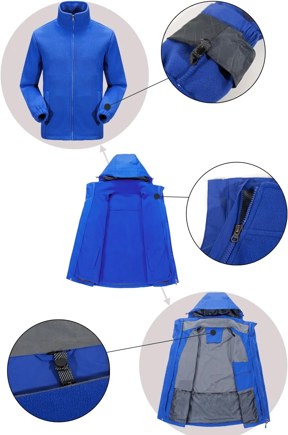 Mr.Stream Men's Outdoor Hooded Hard Shell 3-in-1 Jacket Waterproof Windproof Snow Ski Fleece Raincoat