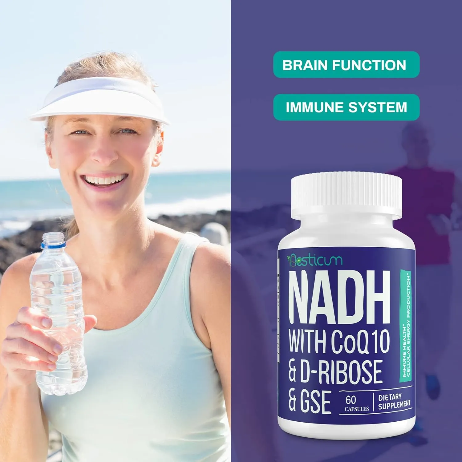 NADH 50mg   CoQ10 200mg   D-Ribose 150mg Supplement, Boosting NAD  Supplements for Immune System, Cellular Energy, Focus, Reduced Nicotinamide Adenine Dinucleotide, 60 Veggie Capsules