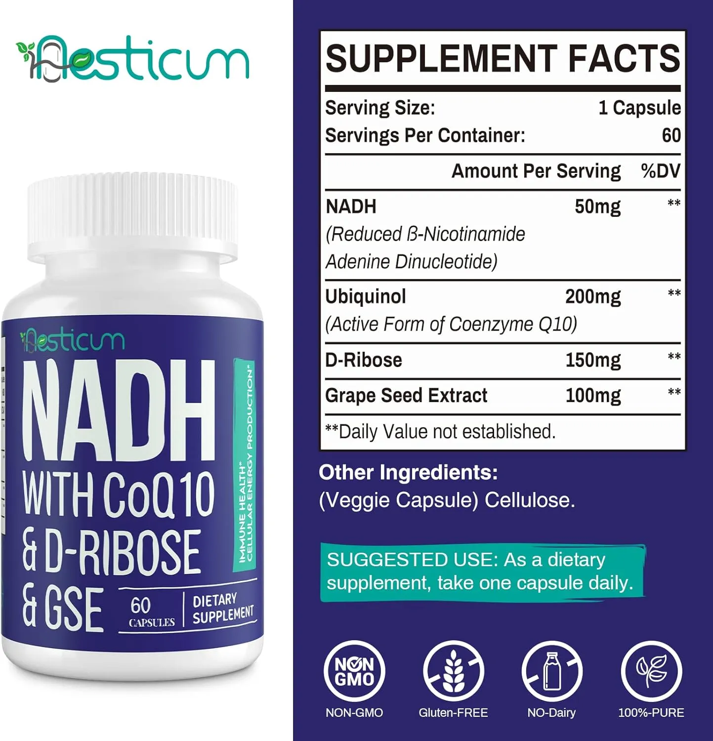 NADH 50mg   CoQ10 200mg   D-Ribose 150mg Supplement, Boosting NAD  Supplements for Immune System, Cellular Energy, Focus, Reduced Nicotinamide Adenine Dinucleotide, 60 Veggie Capsules