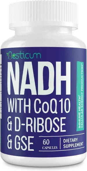 NADH 50mg   CoQ10 200mg   D-Ribose 150mg Supplement, Boosting NAD  Supplements for Immune System, Cellular Energy, Focus, Reduced Nicotinamide Adenine Dinucleotide, 60 Veggie Capsules