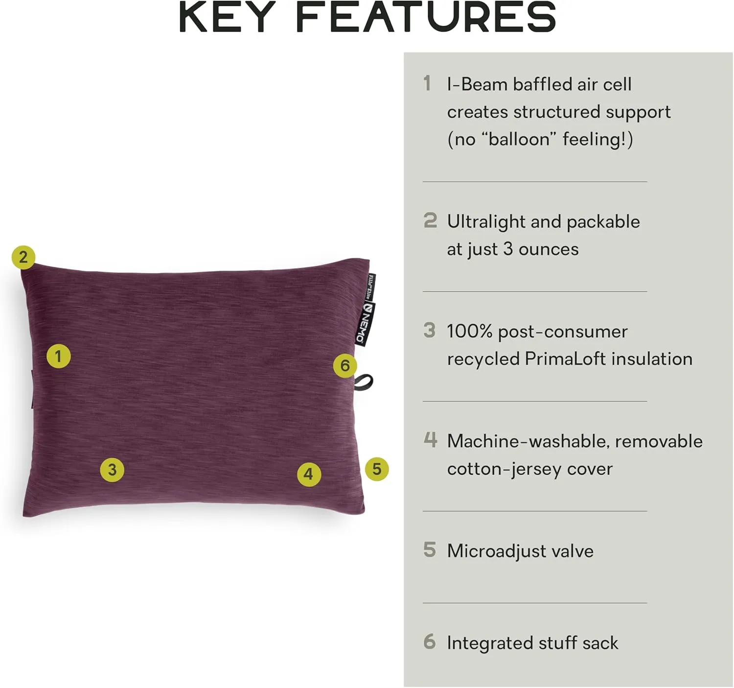 NEMO Equipment Fillo Elite Ultralight Backpacking & Camping Pillow - One Size - Huckleberry