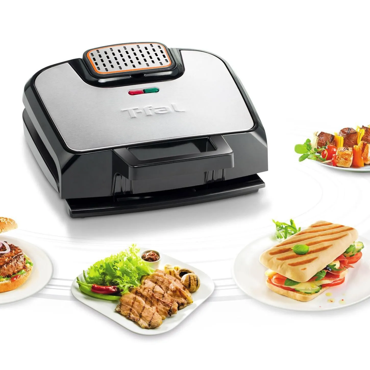 New in box! T-fal Odorless Stainless Steel Electric Contact Grill, 4 servings! Retails $159  Note: Has small crack in back plastic, doesn't affect its use!