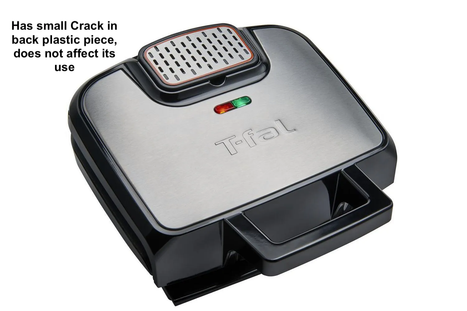 New in box! T-fal Odorless Stainless Steel Electric Contact Grill, 4 servings! Retails $159  Note: Has small crack in back plastic, doesn't affect its use!