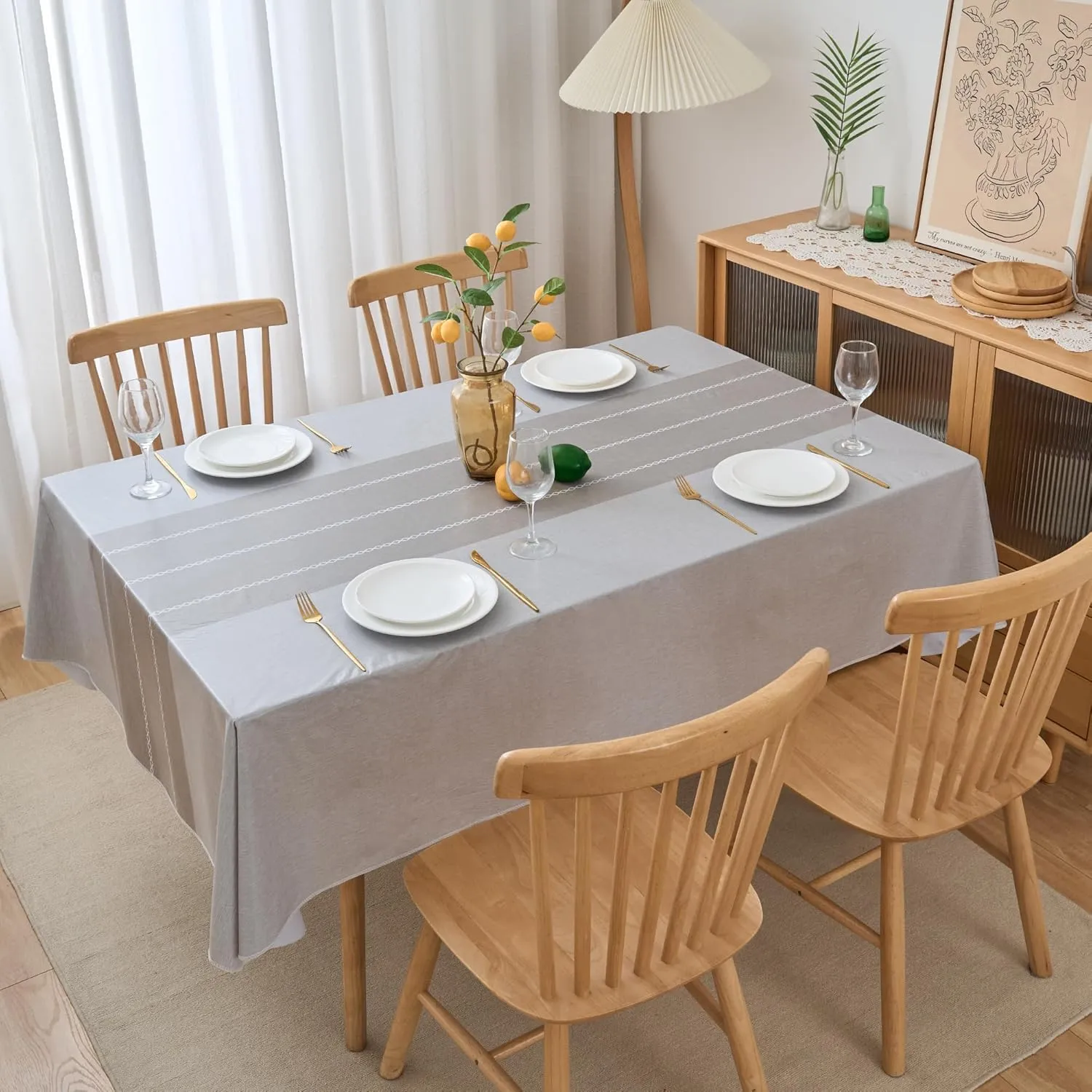 NLMUVW Vinyl Tablecloth with Flannel Backing Rectangle, 100% Waterproof Grey Print PVC Table Cloth Oil Proof Wipe Clean Table Cover for Dining Party Camping Outdoor, 60 X 140 Inch