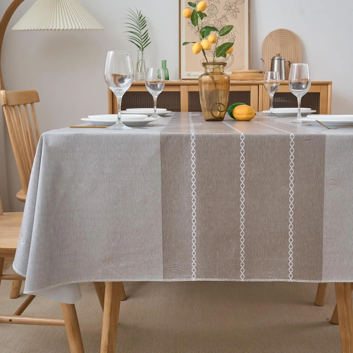 NLMUVW Vinyl Tablecloth with Flannel Backing Rectangle, 100% Waterproof Grey Print PVC Table Cloth Oil Proof Wipe Clean Table Cover for Dining Party Camping Outdoor, 60 X 140 Inch