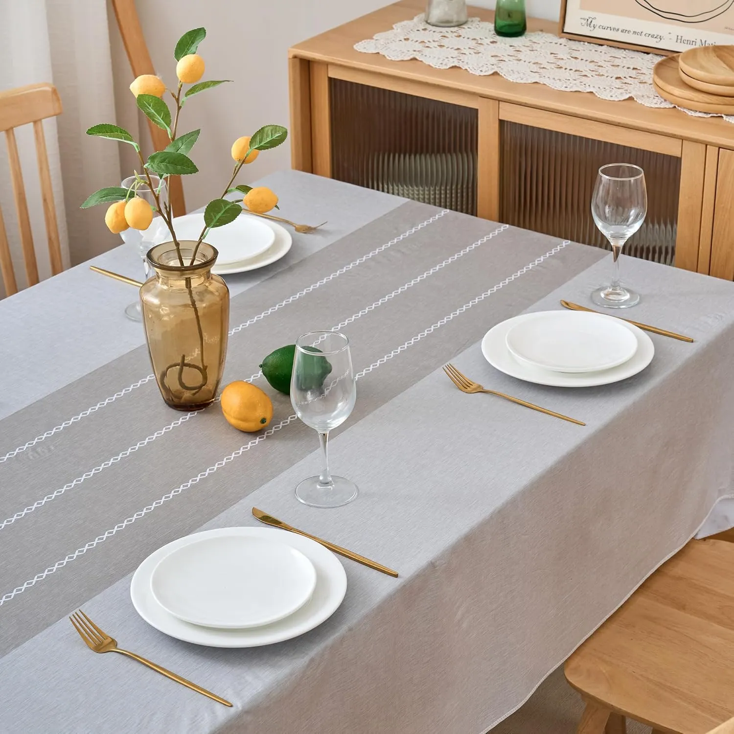 NLMUVW Vinyl Tablecloth with Flannel Backing Rectangle, 100% Waterproof Grey Print PVC Table Cloth Oil Proof Wipe Clean Table Cover for Dining Party Camping Outdoor, 60 X 140 Inch