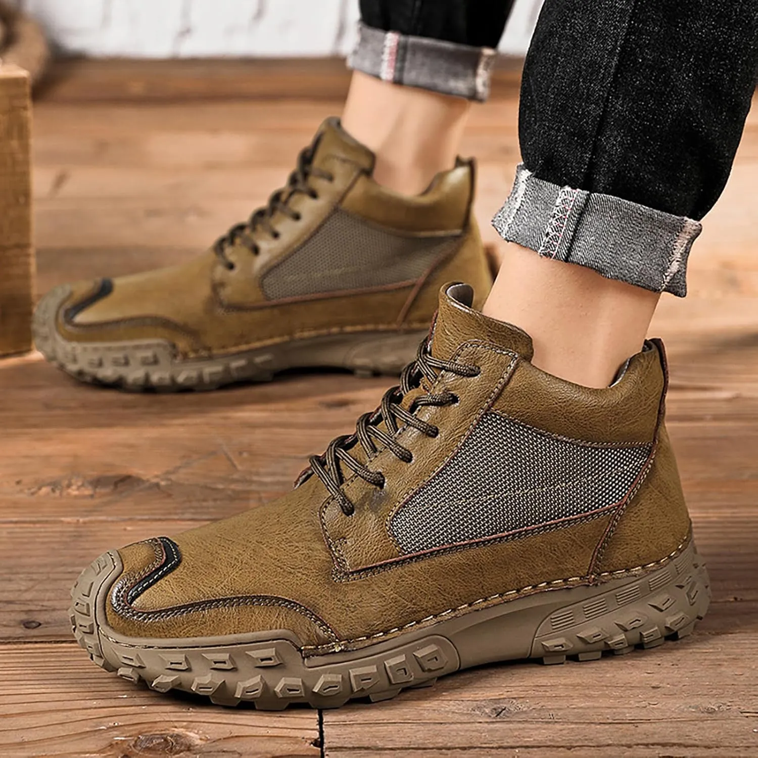 Non Slip Chukka Boots for Men - Casual Lightweight Hiking Ankle Boots Lace Up Leather