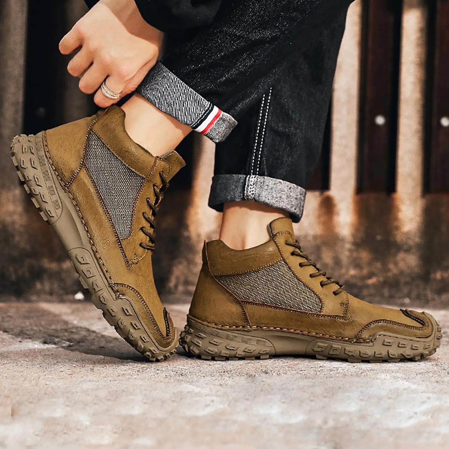 Non Slip Chukka Boots for Men - Casual Lightweight Hiking Ankle Boots Lace Up Leather